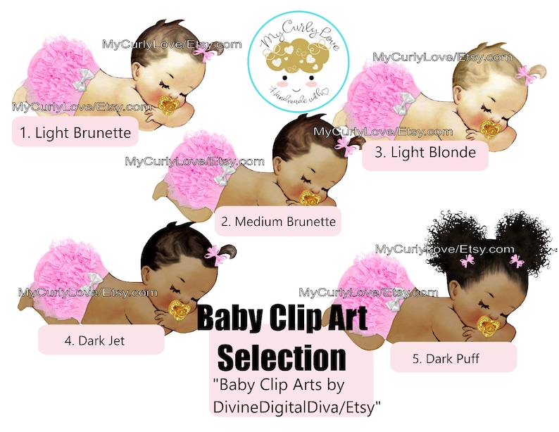 Pode incluir: Uma cole&ccedil;&atilde;o digital de cinco ilustra&ccedil;&otilde;es apresentando beb&ecirc;s vestindo capas de fraldas cor-de-rosa com babados, la&ccedil;os prateados e chupetas douradas. Cada beb&ecirc; tem uma cor de cabelo e estilo diferentes, numerados de 1 a 5.