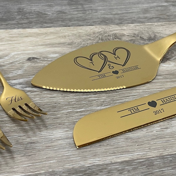 Cake Knife and Server Set with 2 Dessert Forks - personalized engraved wedding or anniversary cake cutting gift for couples, wedding party