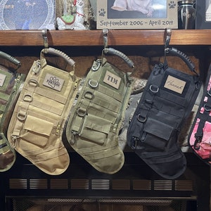 Personalized Tactical Christmas Stockings with removable Patch - Customizable Hunting, Military, and Law Enforcement Style Holiday Decor TAN