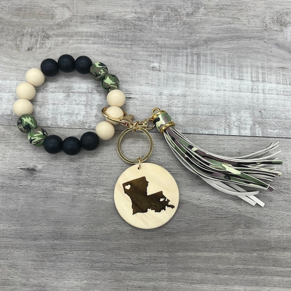Personalized Camo Tassel Keychain Wristlet - Engraved Wood Disc