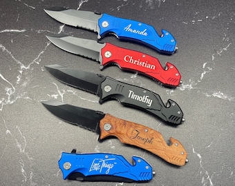 May include: Five pocket knives with different colored handles and personalized names. The names are Amanda, Christian, Timothy, Joseph, and "For the Little Things".