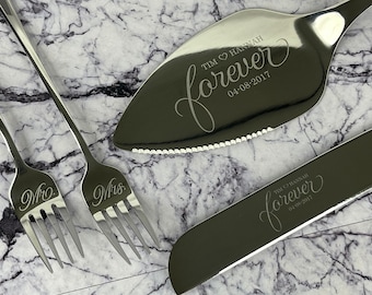 Personalized Cake Knife and Server Set with 2 Dessert Forks - engraved wedding or anniversary cake cutting gift for couples, something new