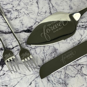 Personalized Cake Knife and Server Set with 2 Dessert Forks - engraved wedding or anniversary cake cutting gift for couples, something new