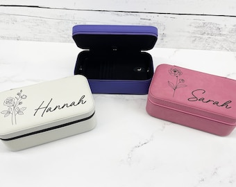 Engraved Flower Jewelry Box with Mirror - Personalized Name - Month of Birth, Mother's Day, Valentines, Bridesmaid Gift for her