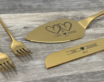 Cake Knife and Server Set with 2 Dessert Forks - personalized engraved wedding or anniversary cake cutting gift for couples, wedding party