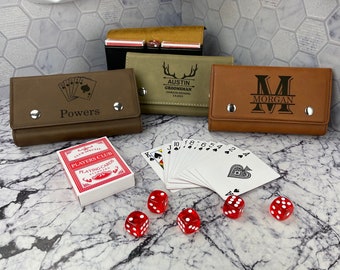 Personalized Playing Card Holder with 2 Decks of cards and 5 dice - groomsmen gift, Christmas gift for dad, family friendly, board games