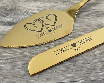 Cake Knife and Server Set - Personalized, engraved wedding or anniversary cake cutting gift for couples, wedding party quinceanera cake gold