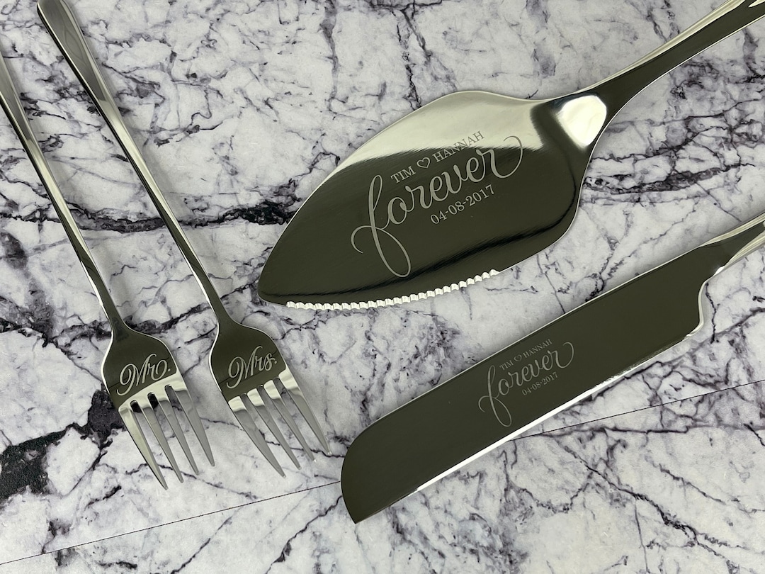 Personalized Cake Knife and Server Set With 2 Dessert Forks Engraved