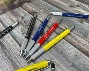 Personalized Multi-tool Metal Ballpoint Pen with Bubble level, ruler, stylus, and screwdriver - handyman fathers day gift for guys dad