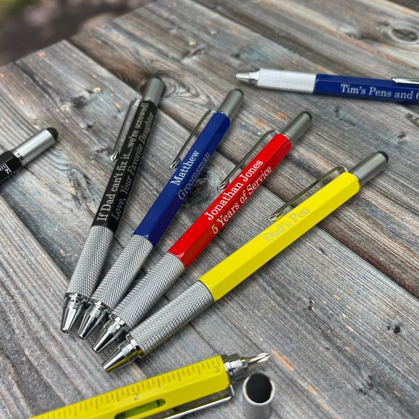 Personalized Multi-tool Metal Ballpoint Pen with Bubble level, ruler, stylus, and screwdriver - handyman fathers day gift for guys dad