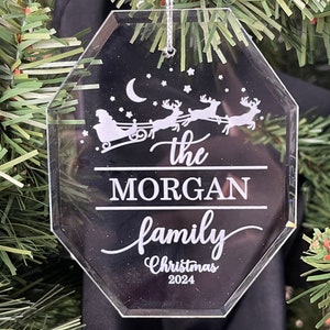 Personalized Crystal Glass Christmas Ornament - Custom Family Name, Santa Sleigh Design, Holiday Decoration, Keepsake Gift, Gift for Couples