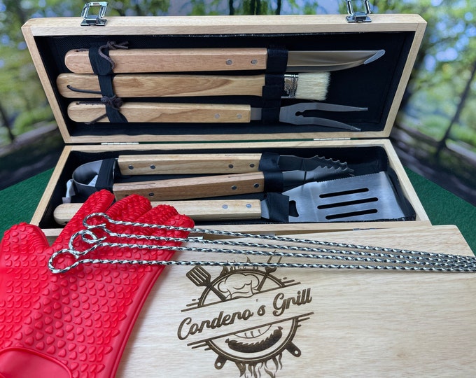 Personalized 11-Piece BBQ Grill Set with Wood Storage Box - Father's Day Gift for guys, gift for men, groomsman gift, gift for grandpa