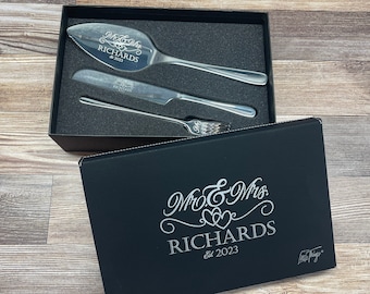 Personalized Cake Knife and Server Set with 2 Dessert Forks and Gift Box - engraved wedding or anniversary cake cutting gift for couples