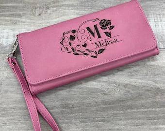 Personalized Pink Leatherette Women's Wallet with wrist strap - clutch, gift for her, Mothers Day, birthday gift for wife, bridesmaids