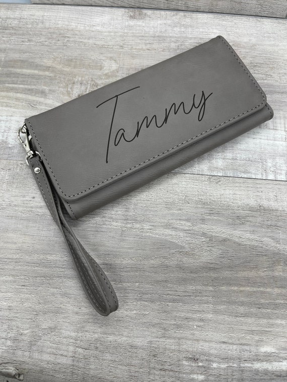 Personalized Gray Leatherette Wallet – Engraved Clutch with Strap