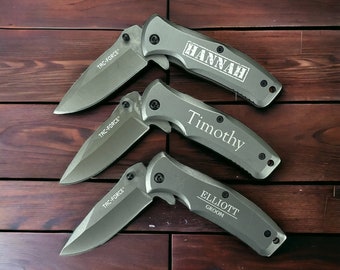 Engraved Pocket Knife - Personalized Groomsman Gift, Grey Titanium Handle