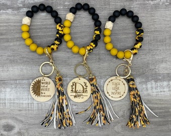 Personalized Sunflower Keychain Wristlet - Silicone Beads and Engraved Charm