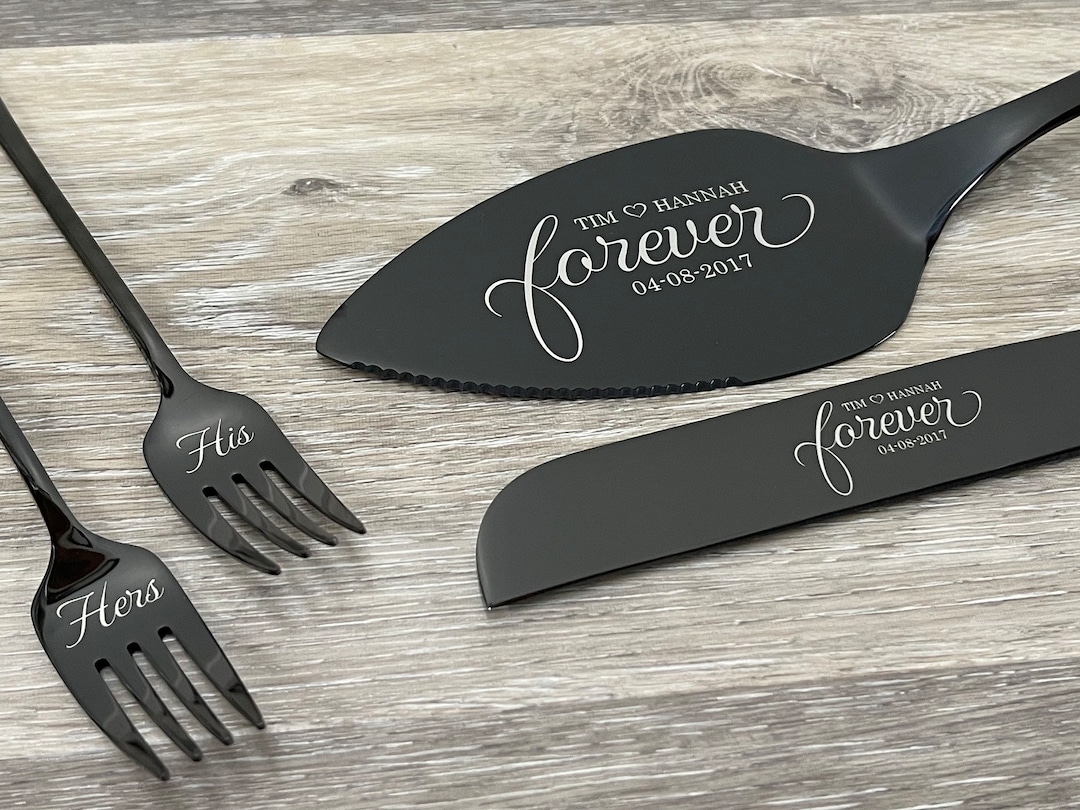 Cake Knife and Server Set With 2 Dessert Forks Personalized, Engraved
