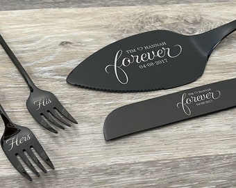 Cake Knife and Server Set with 2 Dessert Forks - Personalized, engraved wedding or anniversary cake cutting gift for couples, wedding party