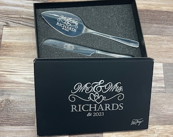 Personalized Cake Knife and Server Set With Gift Box - engraved wedding or anniversary cake cutting gift for couples, unique keepsake