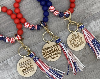 Personalized American Flag Keychain Wristlet - Silicone beads - Baseball Mom, 4th of July, Memorial Day, USA, U.S.A., US, Independence Day