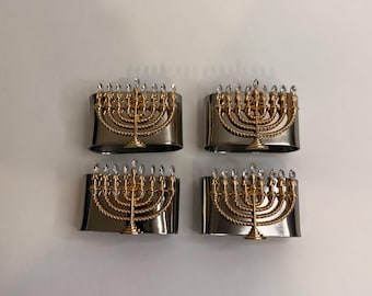 Set of 4 Magnetic Gold Menorah Napkin Rings for Hannukah