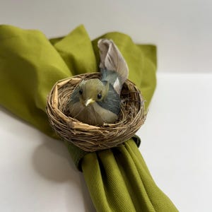 May include: A green fabric napkin with a brown bird's nest and a small bird inside. The nest is made of twigs and the bird is gray and white.