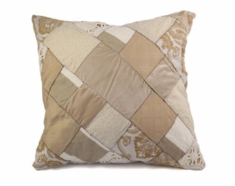 Tan Patchwork Cushion Cover, Beige Boho Pillow, FREE SHIPPING to Canada and USA