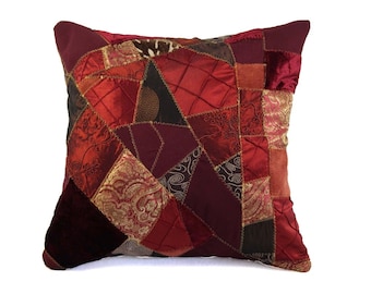 Red Patchwork Cushion Cover, Burgundy Boho Pillow, Wine Cushion, FREE SHIPPING to Canada and USA