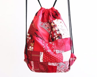 Red Drawstring Backpack, Patchwork Drawstring Bag, Boho Cinch Bag, Scrap Fabric Drawstring Knapsack