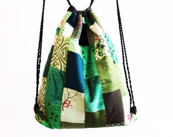 Green Drawstring Backpack, Patchwork Drawstring Bag, Boho Cinch Bag, Scrap Fabric Drawstring Knapsack