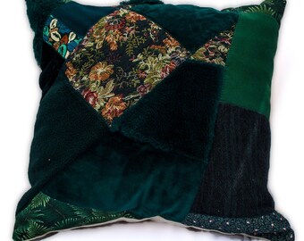 Zielona poszewka na poduszkę z patchworkiem, zielona poduszka boho, zielona poduszka, darmowa wysyłka do Kanady i USA