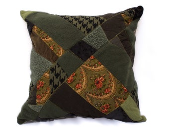 Zielona poszewka na poduszkę z patchworkiem, zielona poduszka boho, zielona poduszka, darmowa wysyłka do Kanady i USA