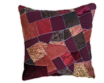 Red Patchwork Cushion Cover, Burgundy Boho Pillow, Wine Cushion, FREE SHIPPING to Canada and USA