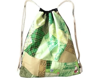 Green Drawstring Backpack, Patchwork Drawstring Bag, Boho Cinch Bag, Scrap Fabric Drawstring Knapsack