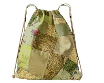 Green Drawstring Backpack, Patchwork Drawstring Bag, Boho Cinch Bag, Scrap Fabric Drawstring Knapsack