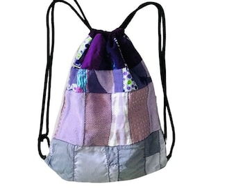 Plecak ze ściągaczem w kolorze ombre w kolorze fioletowym, ombre w fioletową, patchworkową torbę ze ściągaczem, boho worek ściągający, plecak ze ściągaczem z materiału resztkowego