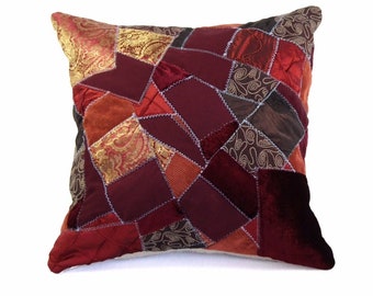 Red Patchwork Cushion Cover, Burgundy Boho Pillow, Wine Cushion, FREE SHIPPING to Canada and USA