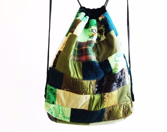 Green Drawstring Backpack, Patchwork Drawstring Bag, Boho Cinch Bag, Scrap Fabric Drawstring Knapsack