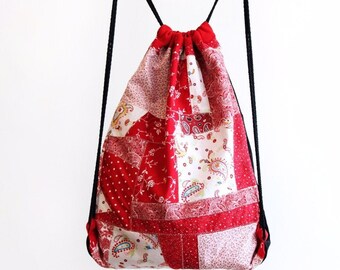 Red Drawstring Backpack, Patchwork Drawstring Bag, Boho Cinch Bag, Scrap Fabric Drawstring Knapsack