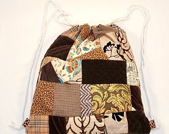 Brown Drawstring Backpack, Patchwork Drawstring Bag, Boho Cinch Bag, Scrap Fabric Drawstring Knapsack