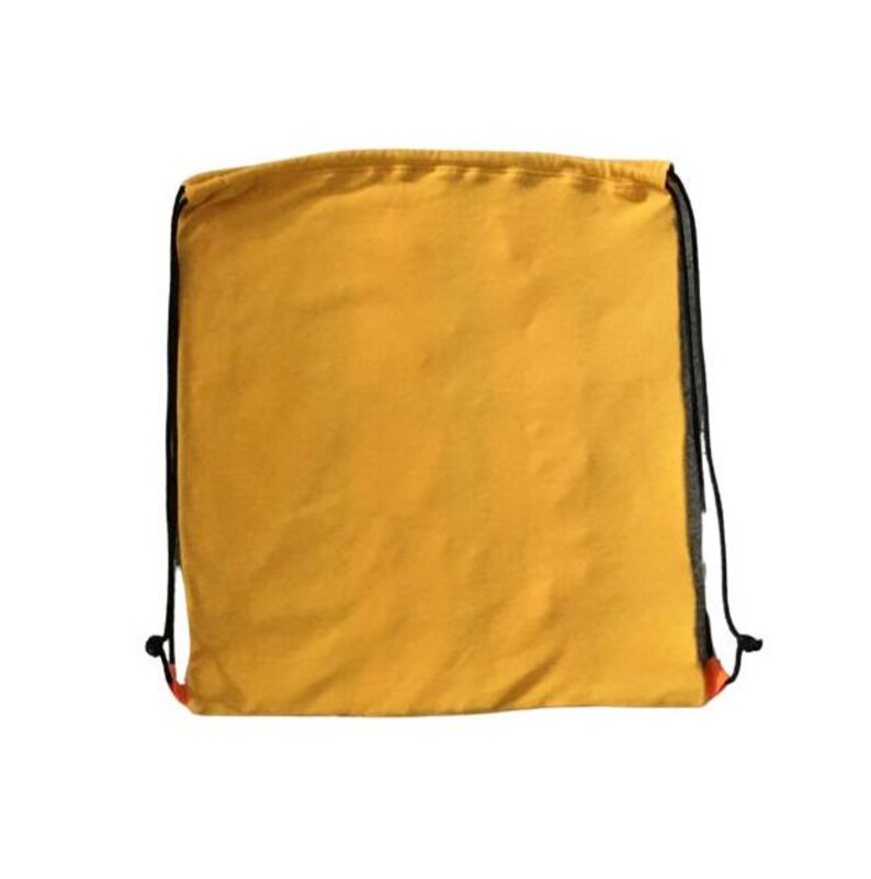May include: A yellow drawstring bag with black drawstrings and orange accents.