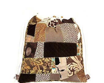 Patchwork Drawstring Backpack, Scrap Fabric Cinch Bag