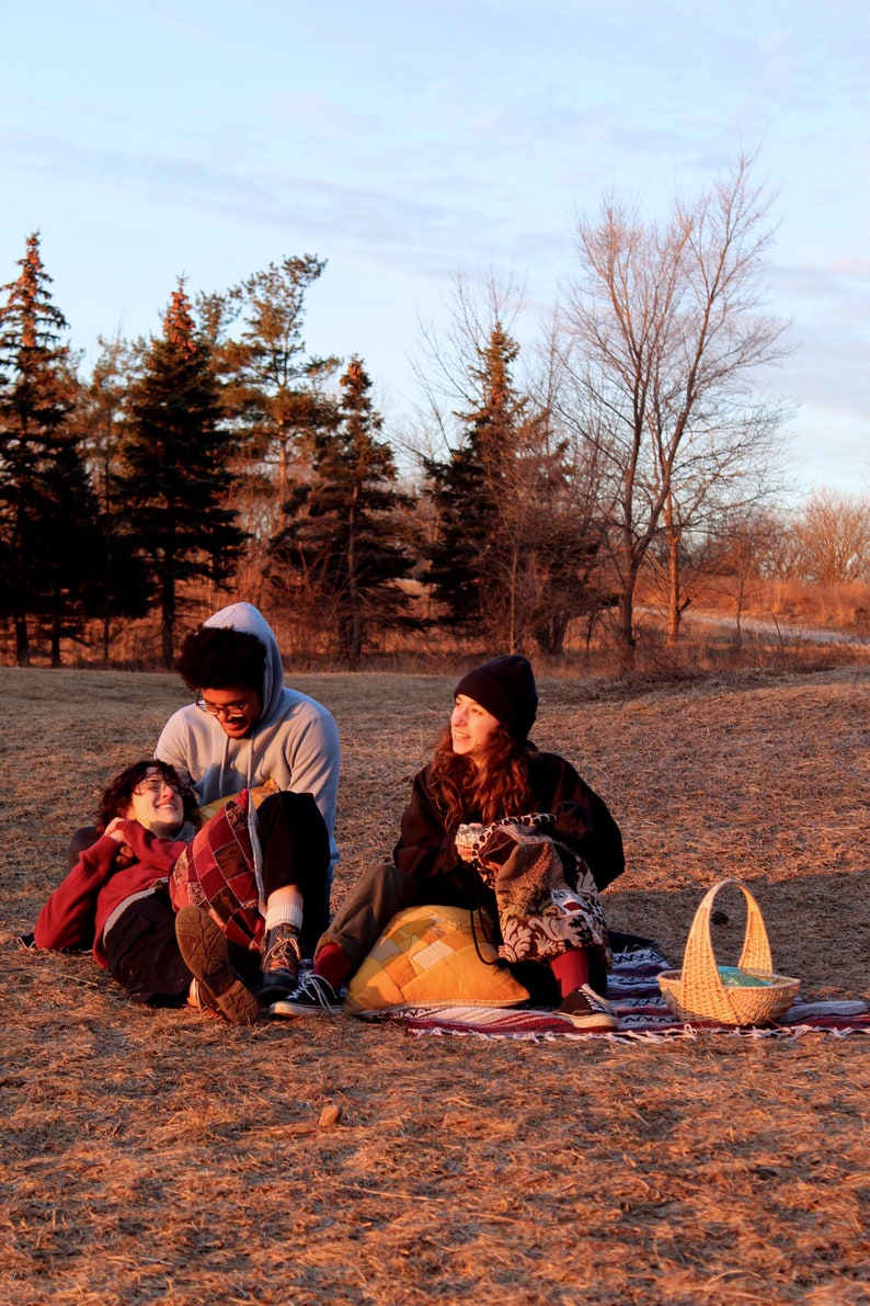 May include: Three people are sitting on a grassy field with a picnic basket. Two people are wearing hooded sweatshirts and one person is wearing a black beanie. The person in the beanie is holding a cup. The people are sitting on a blanket with pillows.