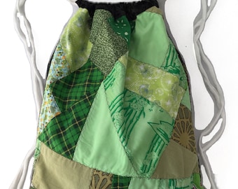 Green Drawstring Backpack, Patchwork Drawstring Bag, Boho Cinch Bag, Scrap Fabric Drawstring Knapsack