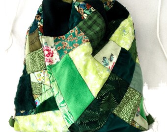 Green Drawstring Backpack, Patchwork Drawstring Bag, Boho Cinch Bag, Scrap Fabric Drawstring Knapsack