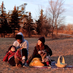 May include: Three people are sitting on a grassy field with a picnic basket. Two people are wearing hooded sweatshirts and one person is wearing a black beanie. The person in the beanie is holding a cup. The people are sitting on a blanket with pillows.