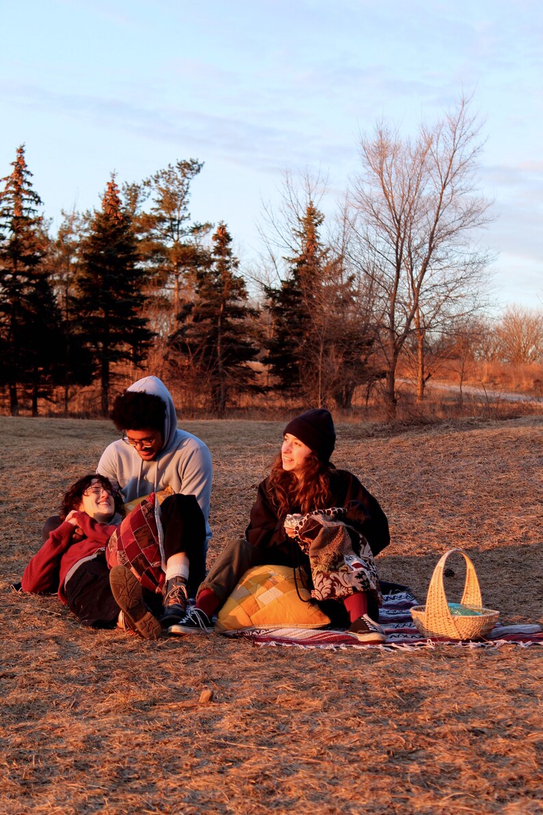 May include: Three people are sitting on a grassy field with a picnic basket. Two people are wearing hooded sweatshirts and one person is wearing a black beanie. The person in the beanie is holding a cup. The people are sitting on a blanket with pillows.