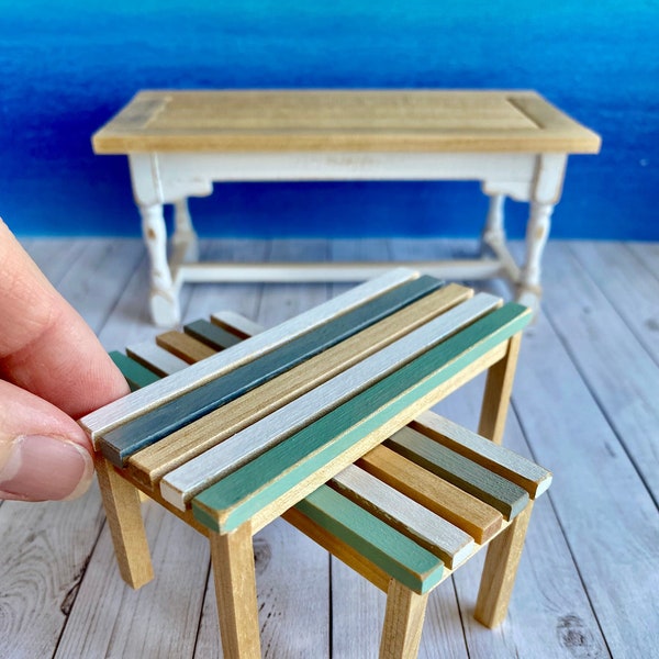 miniature beach furniture, 1:12 scale dollhouse table and benches, artisan beach miniatures