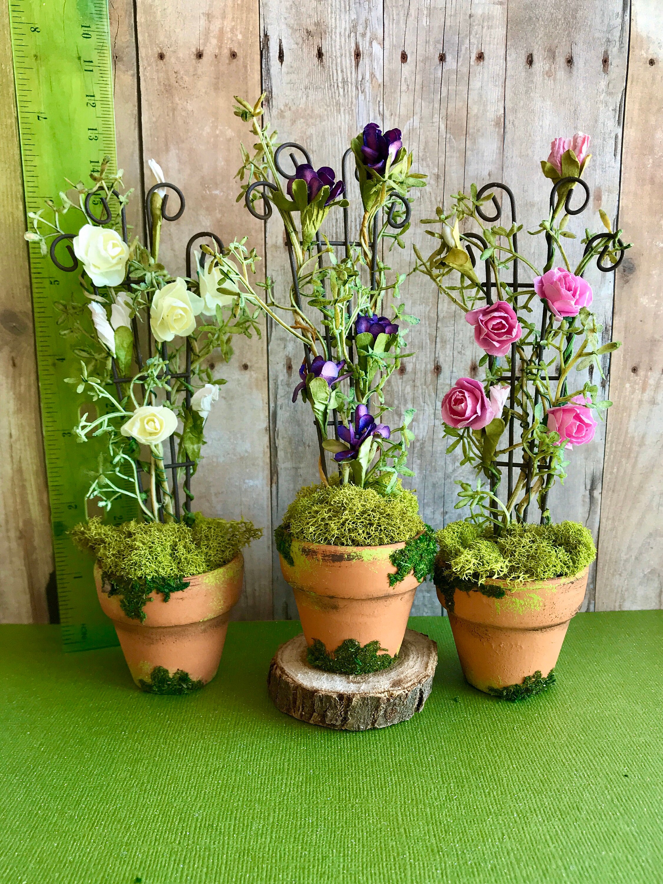 Miniature rose trellis in mossy pot miniature flower trellis Etsy